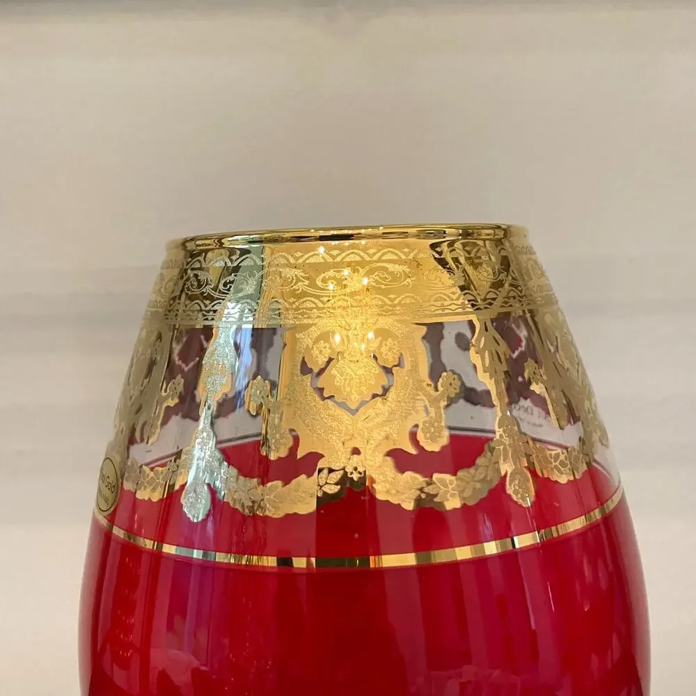 Vintage Style Vecchia Murano Ruby Red Art Glass Vase w/ 24 kt Gold Rim 11in NEW
